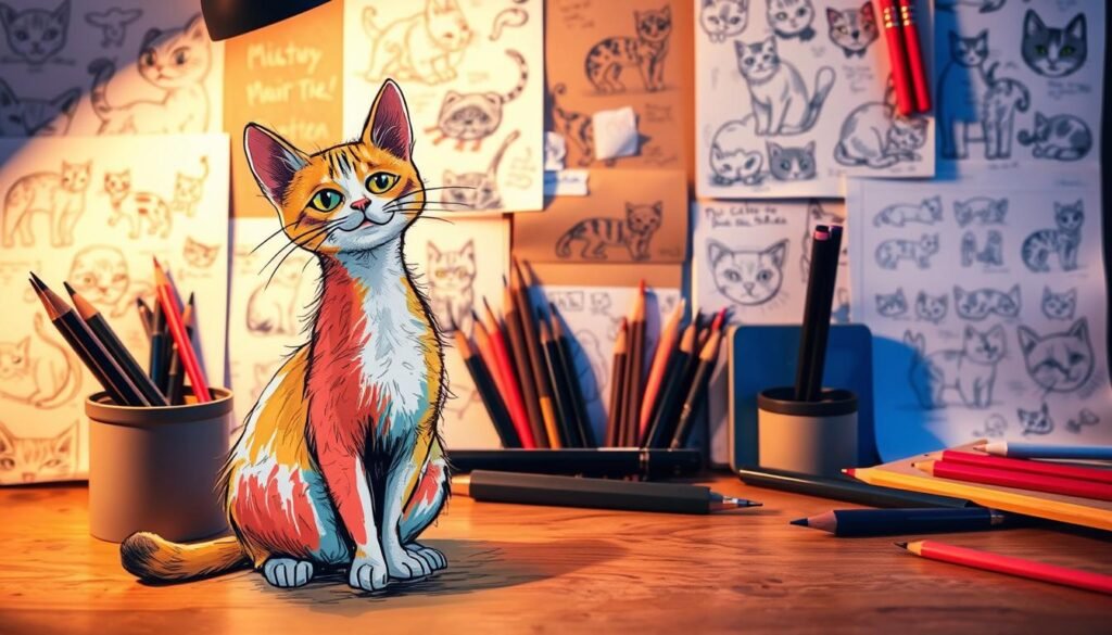 A whimsical assortment of alternative cat drawing methods, showcasing a diverse range of artistic techniques. In the foreground, a playful feline figure is depicted using expressive brush strokes and vibrant colors, capturing the essence of the subject. The middle ground reveals various drawing implements, from charcoal pencils to digital tablets, hinting at the versatility of the creative process. In the background, a collage of sketches, doodles, and conceptual studies offers a glimpse into the imaginative world of cat illustration. Warm lighting bathes the scene, evoking a cozy, creative atmosphere. The overall composition celebrates the joy and versatility of exploring alternative approaches to bringing the beloved cat subject to life on the canvas.