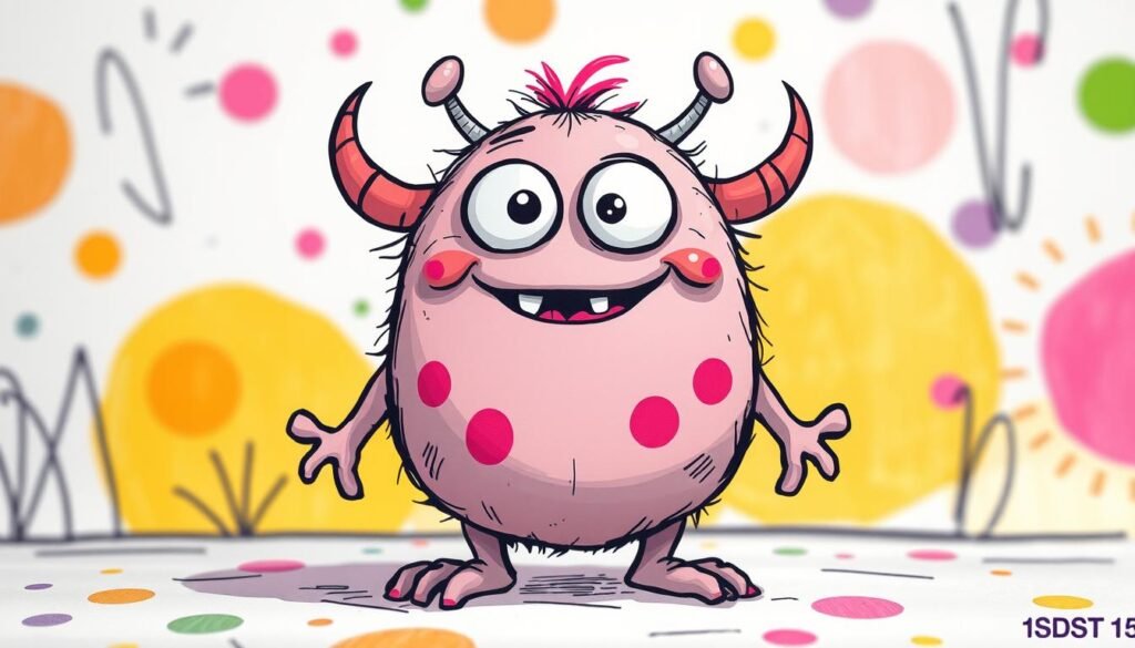 A whimsical, cartoon-style monster drawing with a cute, friendly expression. The monster has large, expressive eyes, a rounded, chubby body, and playful, dynamic limbs. The creature is set against a vibrant, cheerful background with simplified shapes and patterns, like colorful polka dots or playful scribbles, to create a lively, imaginative atmosphere. The lighting is soft and diffused, accentuating the monster's cuddly, approachable appearance. The overall style is highly stylized and appealing to a young, imaginative audience, reflecting the "fun tips for creepy creature art" theme.