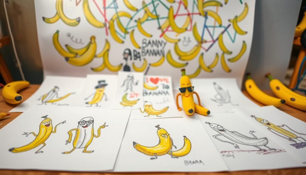 A whimsical collection of creative banana drawings, showcasing a variety of playful and imaginative depictions. In the foreground, vibrant sketches of bananas in dynamic poses, with expressive faces and quirky accessories. In the middle ground, a collage of banana doodles in different media - charcoal, watercolor, and digital. The background features a colorful abstract pattern of intersecting banana shapes, evoking a sense of playfulness and artistic experimentation. The lighting is soft and diffused, creating a warm, inviting atmosphere that celebrates the joyful and imaginative nature of the subject matter. Captured with a wide-angle lens to provide a comprehensive view of the diverse banana artworks.