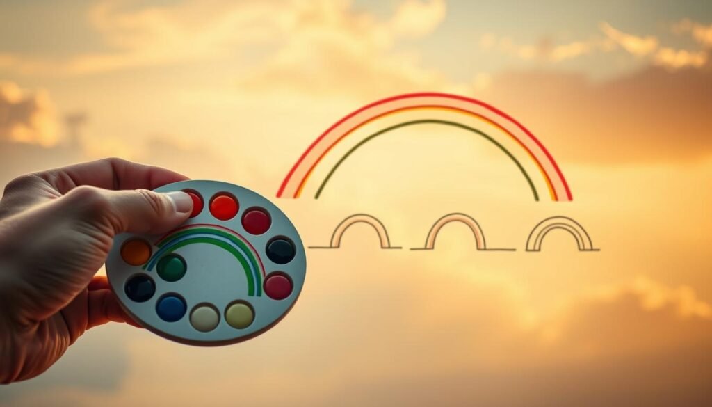 A whimsical step-by-step guide to drawing a vibrant rainbow. In the foreground, a hand holds a colorful palette of paints, each stroke blending seamlessly to form the iconic arch. In the middle ground, a progression of simple line drawings demonstrates the basic steps - starting with a faint sketch, then gradually building up the layers of color. The background features a soft, hazy sky with wispy clouds, bathed in warm, golden light that illuminates the scene. The overall mood is one of childlike wonder and creativity, inviting the viewer to pick up a brush and bring their own rainbow to life.