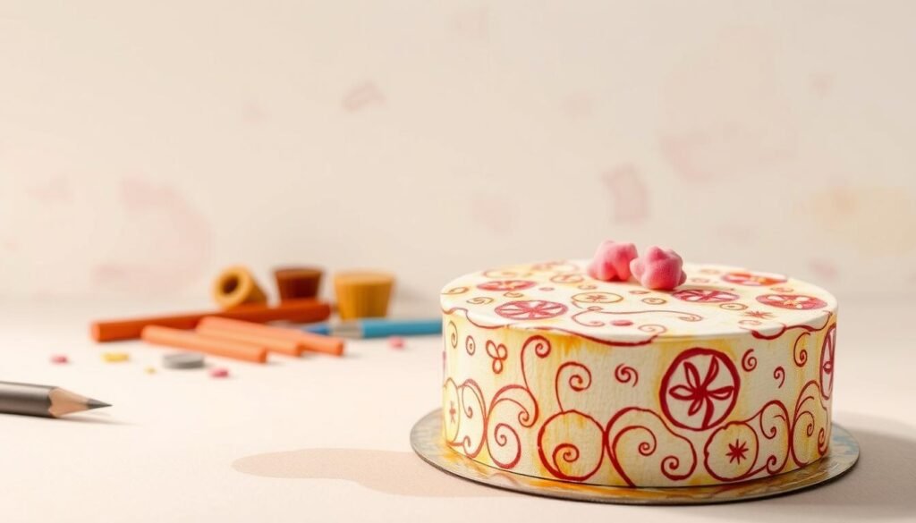 A whimsical watercolor-colored pencil cake drawing, set against a soft, pastel-hued background. In the foreground, a delicate cake with intricate floral patterns and swirling textures, rendered in a harmonious blend of watercolor washes and vibrant colored pencil strokes. The middle ground features a scattered array of cake decorations and utensils, hinting at the creative process. Warm, diffused lighting casts a gentle glow, accentuating the organic, handcrafted quality of the scene. Subtle, lightly textured brushstrokes and a dreamlike, tranquil atmosphere evoke a sense of playfulness and artistic expression, perfectly capturing the essence of "How to Draw the Cake with Watercolor and Colored Pencils".