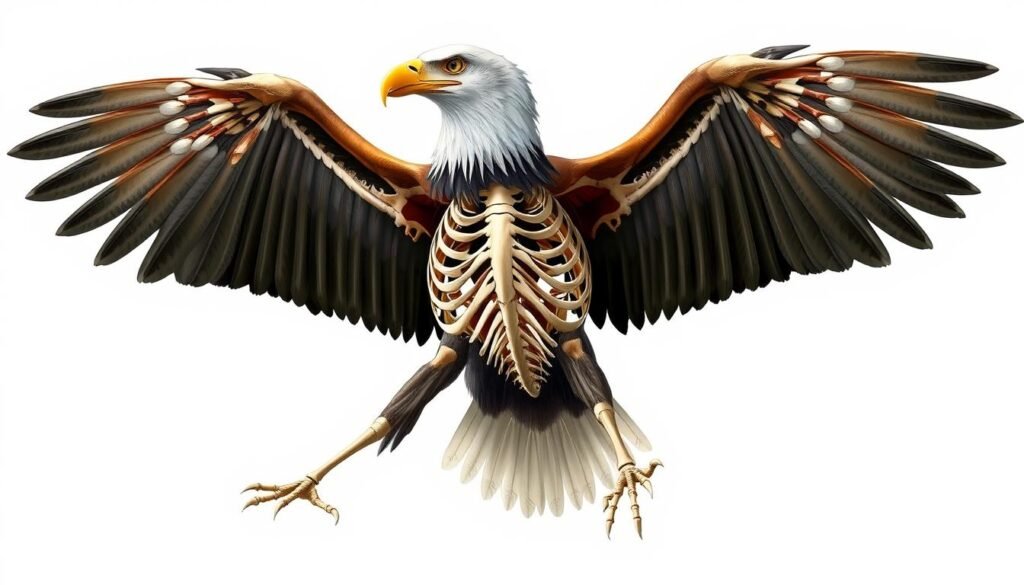 An anatomically precise illustration of a bald eagle's skeletal structure and muscle groups, captured in a clean, high-contrast style. The bird's head, wings, talons, and torso are featured in a neutral, white-background setting, allowing the viewer to focus on the intricate details of the subject's proportions and underlying physical form. Illuminated by soft, diffuse lighting to accentuate the contours and textures, the image presents a comprehensive visual reference for wildlife artists seeking to accurately depict the bald eagle's anatomy.