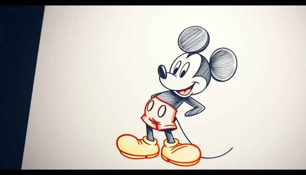 An intricate Mickey Mouse line drawing, meticulously inked with precise strokes, capturing the iconic character's playful expression and characteristic features. The illustration is rendered in a warm, vibrant color palette, with Mickey's signature red shorts, yellow shoes, and black ears popping against a softly blurred background. Subtle shading and texturing add depth and dimension, elevating the drawing to a polished, professional level. The lighting is natural and diffused, creating a harmonious, illustrative aesthetic. This dynamic composition showcases the process of elevating a basic sketch into a fully realized, visually striking Mickey Mouse artwork.
