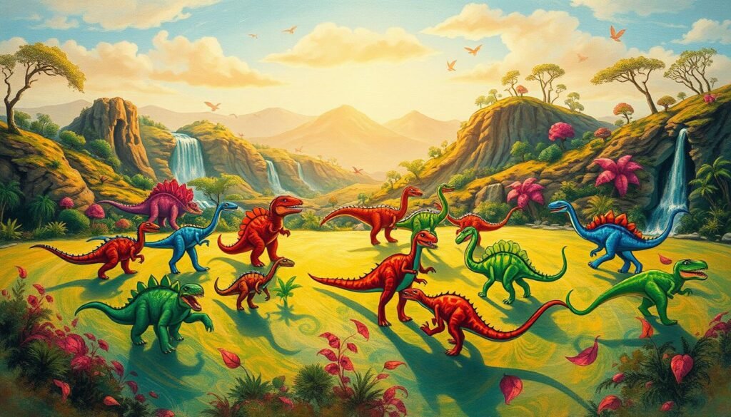 Colorful and vibrant dinosaur sketches dancing across a lively, textured background. The foreground features a variety of prehistoric creatures, each with a unique personality expressed through dynamic poses and expressive expressions. Scattered across a middle ground of swirling patterns and organic textures, creating a sense of depth and movement. The background depicts a dreamlike landscape of rolling hills, cascading waterfalls, and whimsical foliage, all bathed in warm, natural lighting that casts dramatic shadows. An enchanting, imaginative scene that captures the spirit of creative dinosaur art.