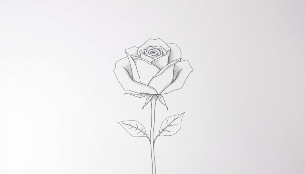 Delicate rose sketch against a minimalist backdrop, focusing on basic geometric shapes. Soft, pencil-like linework outlines the flower's petals, leaves, and stem, forming a harmonious composition. Neutral tones and muted shading create a tranquil, instructional atmosphere. Lighting is soft and diffused, slightly angled to accentuate the rose's contours. The perspective is slightly elevated, providing a clear, unobstructed view of the subject. This sketch aims to guide the viewer through the fundamental steps of floral drawing, emphasizing the importance of understanding basic shapes and forms.