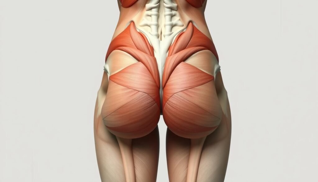 Detailed anatomical illustration of advanced butt muscle structure, rendered in a clean, technical style. Centered composition showcasing the intricate network of gluteal muscles, tendons, and connective tissue. Soft, even lighting from an overhead angle illuminates the form, casting subtle shadows to accentuate the three-dimensional volume. Muted, desaturated color palette to prioritize anatomical accuracy over aesthetics. High level of realism and detail, suitable for reference in figure drawing and medical studies.