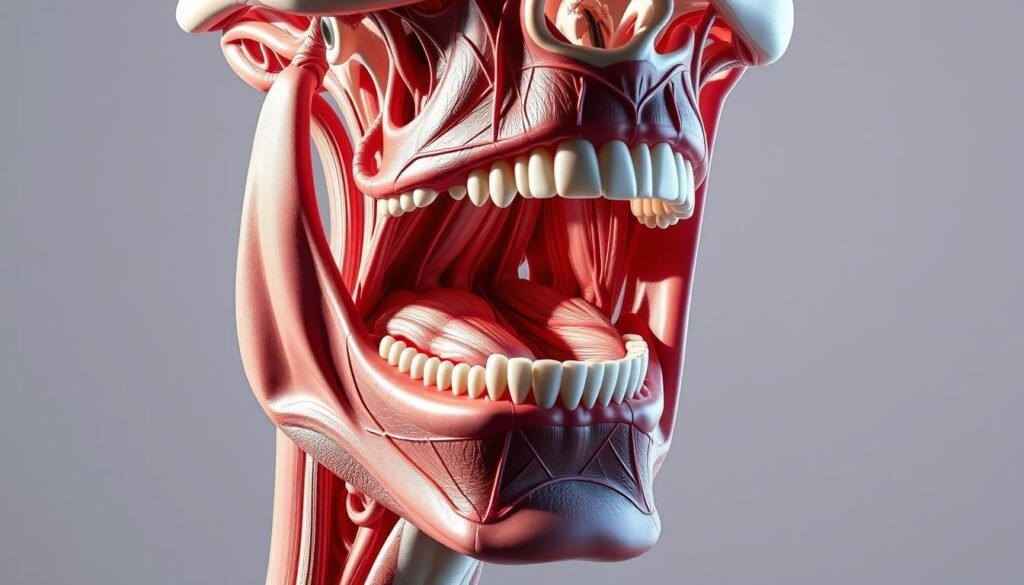 Detailed anatomical illustration of the internal structure and musculature of the human mouth, with a focus on the lips, teeth, and surrounding tissues. Rendered in a realistic, highly detailed scientific style using accurate anatomical references. The scene is brightly lit from the side, creating dramatic shadows and highlights to accentuate the complex 3D forms. The camera angle is a close-up, slightly angled view that allows for a comprehensive exploration of the mouth's intricate anatomy. The background is plain and neutral, keeping the emphasis solely on the detailed, meticulously crafted depiction of the mouth's structural components. Detailed anatomical illustration of the internal structure and musculature of the human mouth, with a focus on the lips, teeth, and surrounding tissues. Rendered in a realistic, highly detailed scientific style using accurate anatomical references. The scene is brightly lit from the side, creating dramatic shadows and highlights to accentuate the complex 3D forms. The camera angle is a close-up, slightly angled view that allows for a comprehensive exploration of the mouth's intricate anatomy. The background is plain and neutral, keeping the emphasis solely on the detailed, meticulously crafted depiction of the mouth's structural components.