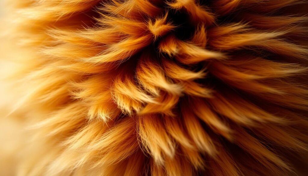 Detailed close-up of soft, dense cat fur with a range of rich, warm colors. Fluffy texture with intricate patterns, highlighting the individual strands and pockets of light and shadow. Lighting from above creates a cozy, intimate mood, with a shallow depth of field blurring the background. Capture the plush, tactile quality of a cat's coat, showcasing the nuances of color, from deep auburn to golden highlights. Emphasize the silky, layered structure of the fur, conveying its luxurious feel. Strive for a naturalistic, high-quality rendering that would complement an instructional guide on drawing cats.