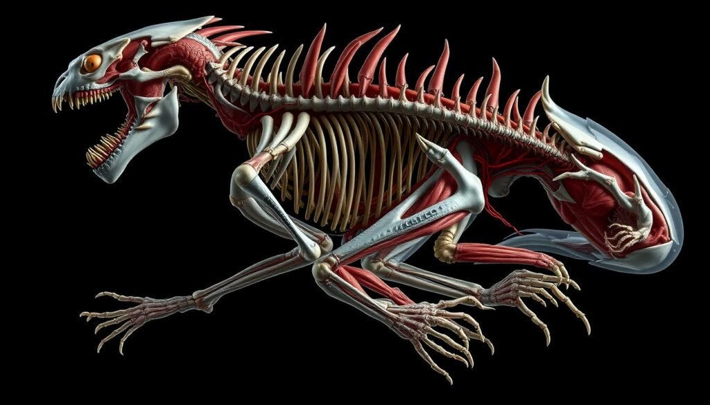 Detailed cross-section view of the internal anatomy structure of a monstrous creature, showcasing the complex, intricate shapes and forms of its skeletal, muscular, and circulatory systems. Rendered in a detailed, scientific style with high contrast and careful attention to anatomical accuracy. The composition emphasizes the fascinating, almost alien-like nature of the monster's physiology, with a focus on key structural elements like the ribcage, spine, limbs, and other distinctive features. Lighting is directional, casting dramatic shadows to accentuate the 3D forms. The overall mood is one of clinical curiosity and wonder at the bizarreness of the monster's inner workings.
