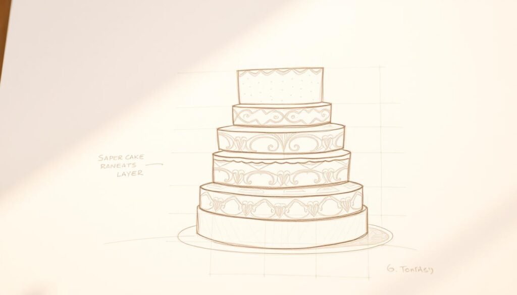 Detailed pencil sketch of a layered cake, showcasing the construction of the dessert. The foreground features a crisp outline of the cake's silhouette, with intricate patterns and textures suggesting the various components - sponge, frosting, and decorative elements. The middle ground reveals a faint grid overlay, guiding the viewer through the cake's proportions and dimensions. In the background, a soft, hazy atmosphere creates a sense of depth, allowing the main subject to take center stage. Warm, natural lighting casts subtle shadows, emphasizing the dimensionality of the sketch. The overall mood is one of artful contemplation, inviting the viewer to explore the process of designing a delectable cake.