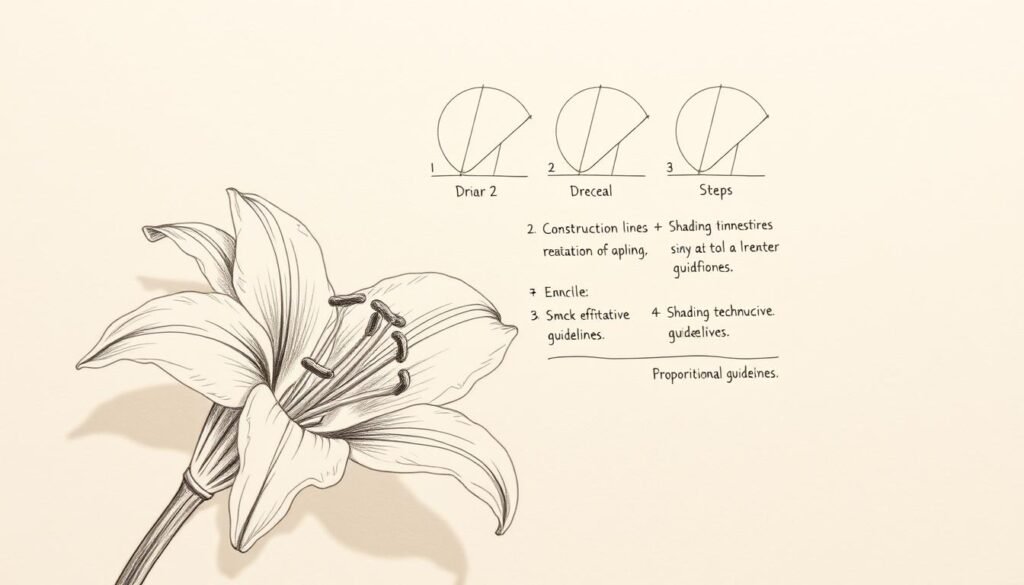 Detailed pencil sketch of a lily flower, with focus on practical drawing tips and common mistakes to avoid. Foreground features the flower bloom, with delicate petals and stamens rendered in fine line work. Middle ground showcases a step-by-step process of construction lines, shading techniques, and proportional guidelines. Background is a neutral toned textured paper, highlighting the instructive nature of the illustration. Warm, natural lighting casts soft shadows and gradients across the forms, emphasizing the three-dimensional structure. The overall mood is educational and informative, guiding the viewer through the artistic process.