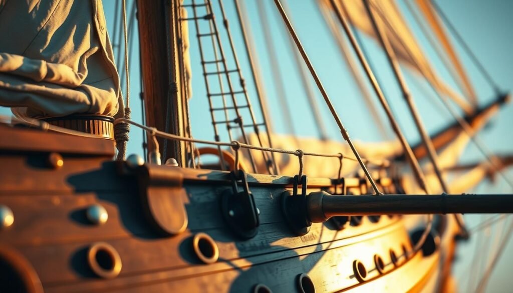 Detailed sailing vessel with well-defined hull and rigging elements. Crisp, close-up view showcasing the intricate textures and forms of the wooden hull, metal fittings, and billowing sails. Warm, golden lighting illuminates the scene from the side, casting dramatic shadows that accentuate the dimensional aspects. Shallow depth of field keeps the focal point sharp while subtly blurring the background. The overall mood is one of careful craftsmanship and nautical elegance.