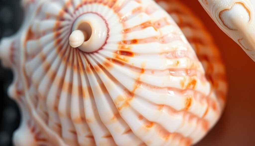 Detailed seashell surface with intricate color patterns, illuminated by soft, diffused natural lighting. Showcase the stunning variation in hues and textures found on a seashell's exterior, from delicate pastels to bold, iridescent highlights. Capture the organic, swirling formations and ridges that give each shell its unique character. Compose the image to highlight the visual complexity and visual appeal of seashell aesthetics, inspiring viewers to closely observe and appreciate these natural wonders found along the coastline.