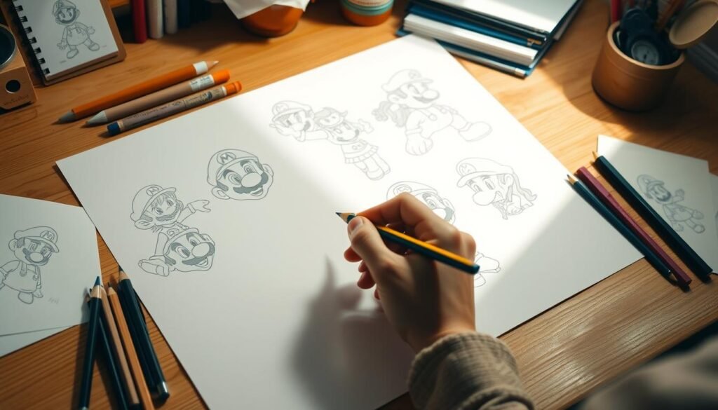 Detailed step-by-step drawing tutorial of iconic Super Mario characters. Close-up view of a wooden drawing surface, with a variety of sketching tools and reference materials neatly arranged. Hands delicately guiding a pencil, demonstrating techniques for capturing the expressive features of Mario, Luigi, Princess Peach, and other beloved characters. Soft, natural lighting illuminates the scene, creating a warm, inviting atmosphere conducive to creative learning. The tutorial conveys a sense of whimsical nostalgia, inspiring aspiring artists to explore the joyful world of Mario through the art of illustration.