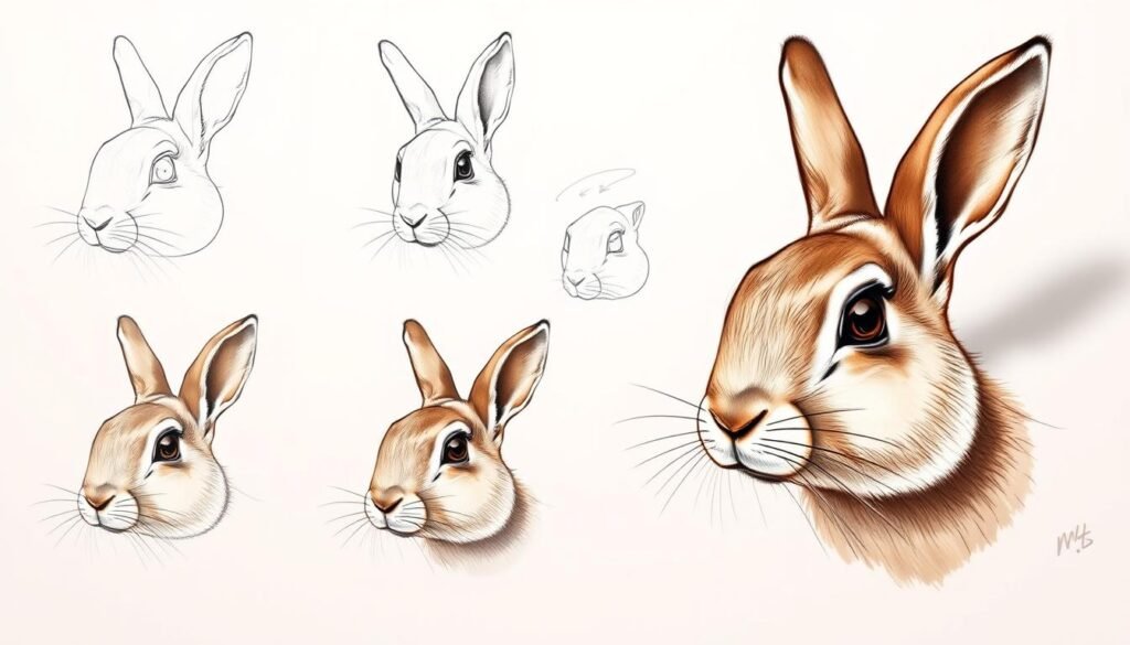 Detailed step-by-step drawings of a rabbit's facial features on a clean white background. Close-up view of a rabbit head in various stages, from simple construction lines to refined, anatomically accurate sketches. Soft, even lighting from the left side creates subtle shadows and highlights the delicate textures. Warm, naturalistic color palette with subtle gradients. Composition emphasizes the progression from basic shapes to final, lifelike illustrations. The overall atmosphere is educational, informative, and visually appealing to aspiring artists learning to draw animals.
