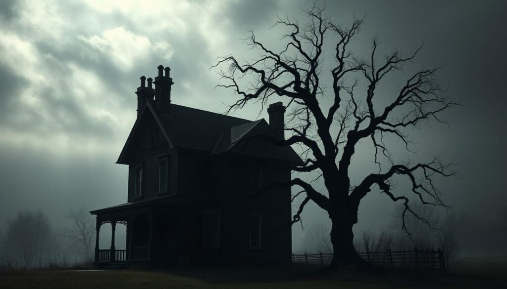 Haunted house basic shapes composition: A decrepit, two-story Victorian manor stands in the foreground, its gothic roofline and crooked chimneys silhouetted against a moody, overcast sky. In the middle ground, a twisted, bare-branched tree looms ominously, casting long shadows across the dilapidated building. The background is shrouded in a hazy, ethereal mist, hinting at the supernatural forces that lurk within. Soft, dramatic lighting casts dramatic shadows, creating a sense of depth and foreboding. The overall composition emphasizes the basic geometric shapes of the house and tree, conveying a sense of unease and the uncanny.