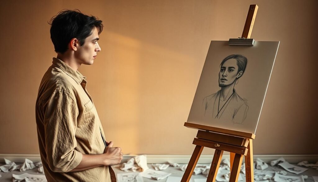 Overcoming Drawing Mistakes: A creative journey of self-discovery. In a serene studio, an artist stands before an easel, contemplating their work. Crumpled sketches litter the floor, a testament to their determination. Warm, diffused lighting casts a contemplative glow, as the artist's brow furrows in concentration. With a determined expression, they grasp a charcoal pencil, ready to breathe new life into their creation. The background is a muted, textured wall, providing a calming backdrop to the artist's introspective process. Shadows and highlights interplay, highlighting the artist's thoughtful expression and the evolution of their artistic vision.