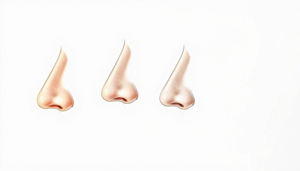 Side nose drawing profile view styles - a realistic, highly detailed illustration showcasing various profiles and angles of the human nose. Crisp, high-resolution digital artwork depicting a selection of side-view nose drawings in different styles, including realism, minimalism, and abstraction. Soft, warm lighting creates depth and volume, while a clean, simple white background allows the focus to remain on the subject. The noses are rendered with precision, capturing the subtle nuances of bone, cartilage, and skin texture. Angles range from sharp side profile to three-quarter views, offering a comprehensive visual reference for artists and students studying facial anatomy and proportions.