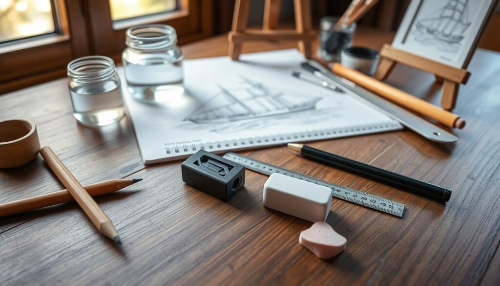 a detailed still life of essential pencil drawing tools for nautical illustrations, arranged on a wooden table with natural lighting from a window. In the foreground, a sharp pencil, a sharpener, and an eraser. In the middle ground, a sketchpad, a ruler, and a set of fine-tipped drawing pens. In the background, a jar of water, a small cup of ink, and a simple wooden easel. The overall mood is focused and contemplative, evoking the preparatory stage of creating a detailed boat illustration.