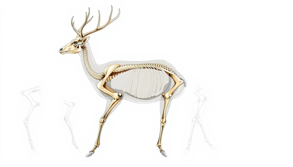 a highly detailed, anatomically accurate digital sketch of a deer's skeletal structure and musculature, rendered in a clean, scientific style with precise linework and shading, depicting the deer from multiple angles to showcase the complex layering of bones, tendons, and muscles, illuminated by soft, even lighting that accentuates the contours and textures, presented against a plain white background to emphasize the focus on the deer's anatomy