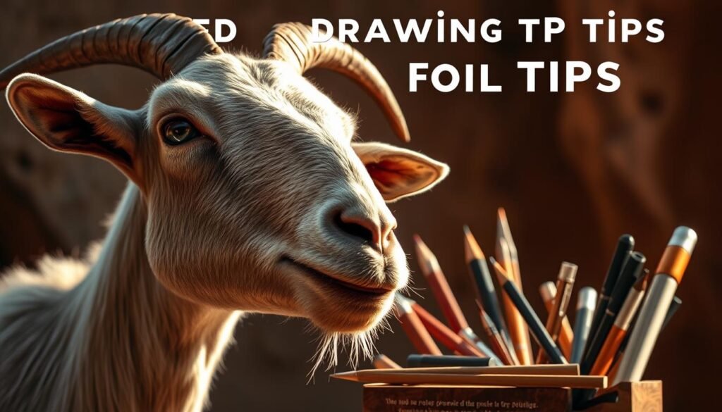 a highly detailed and technical illustration of advanced drawing tips for a goat, featuring a close-up view of a goat's head and face in the foreground, with various artistic tools and sketching implements in the middle ground, all illuminated by soft, natural lighting from the side, creating dramatic shadows and highlights, set against a blurred, textured background with warm, earthy tones to convey a sense of artistic inspiration and mastery of the subject