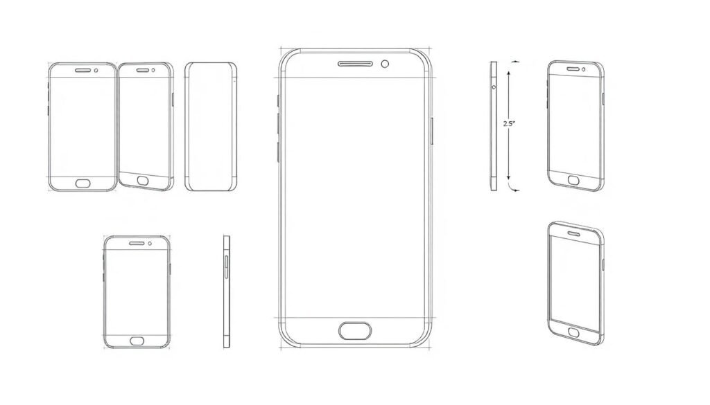 a highly detailed, step-by-step technical illustration of a phone outline and screen drawing process, rendered in a clean, technical style with a light, evenly-distributed studio lighting setup, showcasing the phone design and construction from multiple angles and perspectives to clearly demonstrate the drawing steps, with a focus on accuracy and precision of the phone design elements